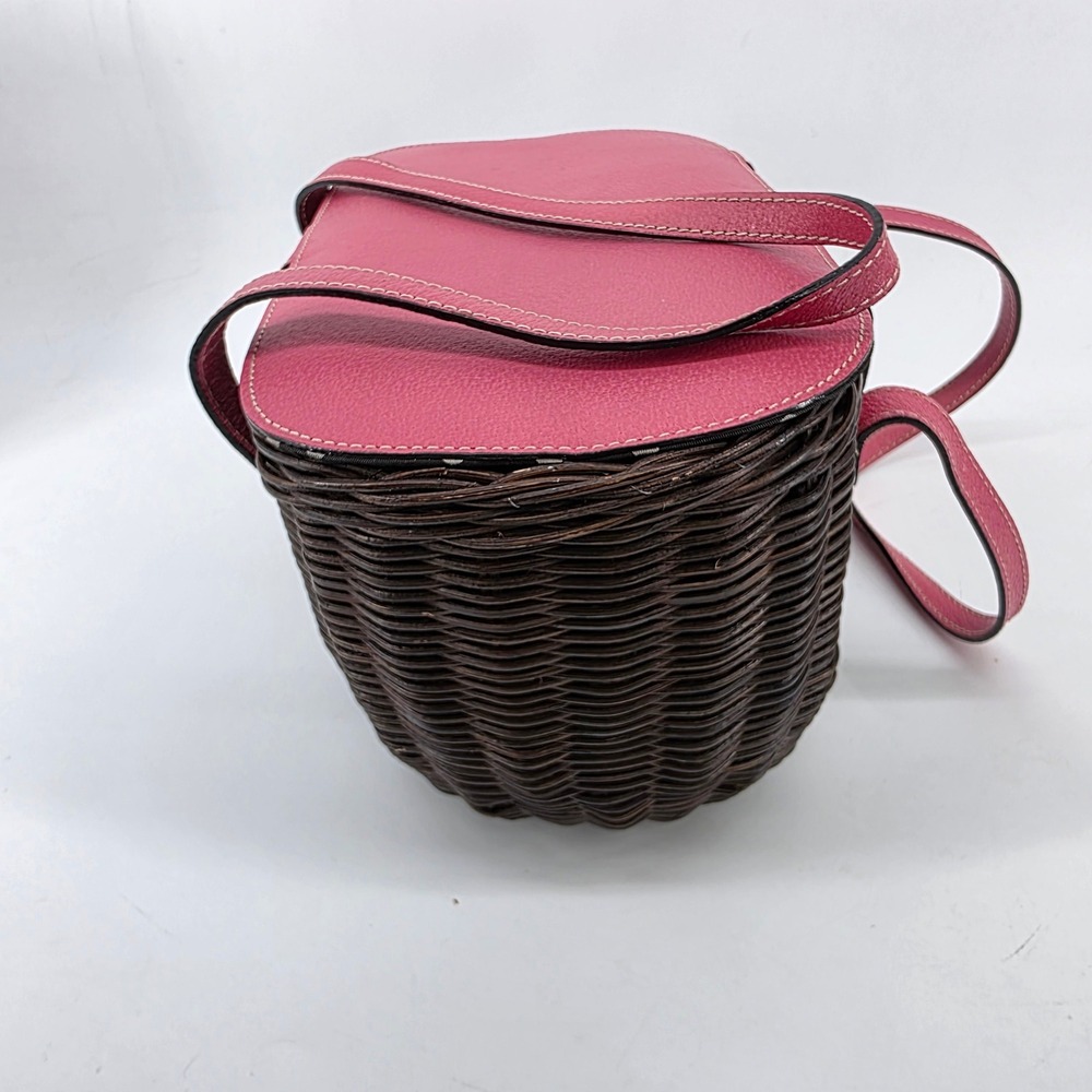 Kate Spade Pink Leather Dark Brown Wicker Picnic Basket Polka Dot Satchel Bag - Picture 4 of 13